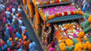 Overhead view of a vibrant decorated chariot in a crowded festival. photo