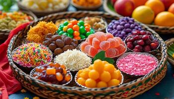 Assorted sweets and candies in a wicker basket. photo