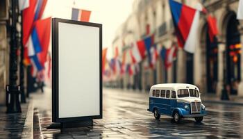 Advertising space on city street with flags and toy bus. photo