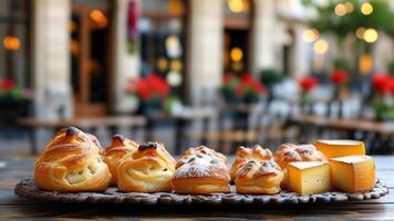 Assortment of cheese and pastries on a wooden board photo