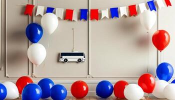 Birthday party decorations with balloons and bus photo