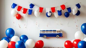 Blue, white, and red balloons and bus decoration photo