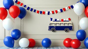 Blue, white, and red party decorations with a camper van. photo