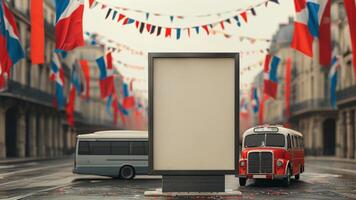 Blank billboard on city street with vintage buses and flags photo