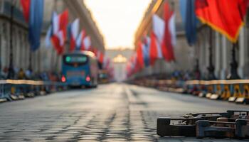Blurred city street with flags and a small object in the foreground. photo