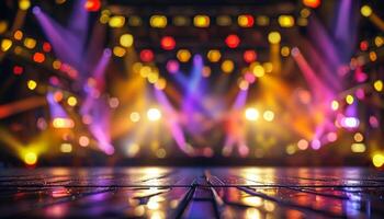 Blurred stage lights, wooden floor. Music, party, event background. photo