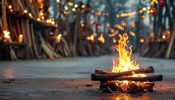 Campfire at night with blurred background photo
