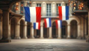 Blurred French flags in a historic courtyard. photo