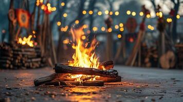 Campfire at night with warm light photo