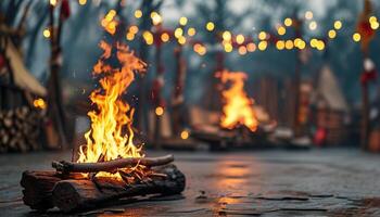 Campfire at night with bokeh lights photo