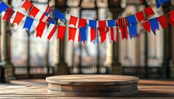 Celebration stage with flags. Product display mockup. photo