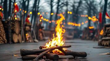 Campfire burning brightly at night photo