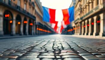 Charming Parisian street scene with cobblestones and flags. photo