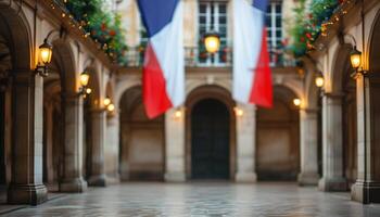 Charming Parisian courtyard with French flags and warm lighting. photo