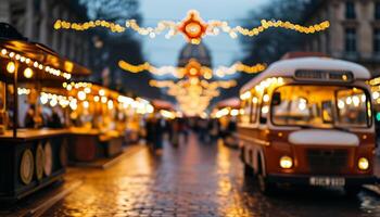 Christmas market at night with vintage bus photo