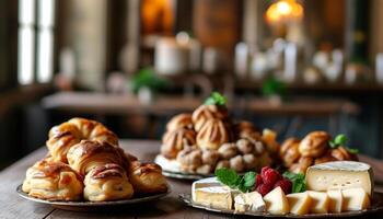 Close up of croissants, pastries, and cheese on a rustic table photo