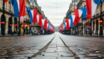 Cobblestone street decorated with French flags photo
