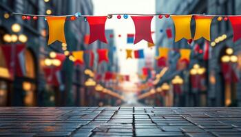 Cobblestone street decorated with festive flags photo