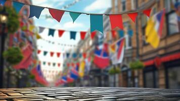 Cobblestone street decorated with festive flags photo