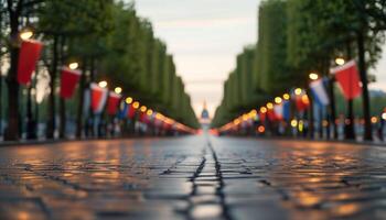 Cobblestone street leading to Parisian landmark photo
