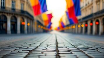Cobblestone street with colorful flags photo