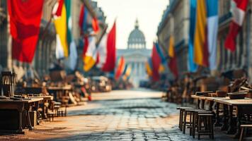 Cobblestone street with flags and antique furniture photo
