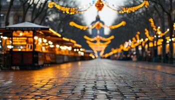 Cobblestone street with Christmas market lights photo