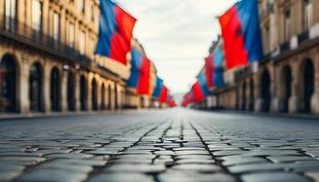 Cobblestone street with flags, city architecture photo