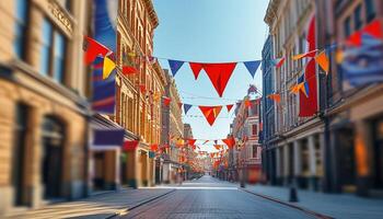 Colorful bunting adorns a charming street. photo