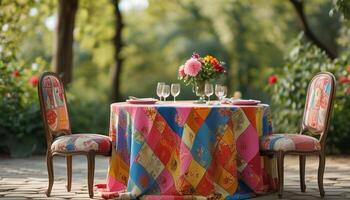 Colorful tablecloth, flowers, and chairs create a romantic ambiance. photo