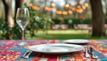 Elegant table setting in a garden with string lights photo
