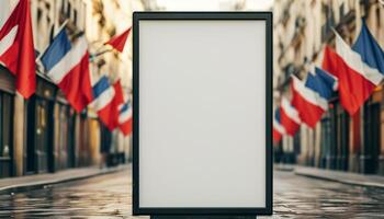 Empty billboard mockup in a French street with flags. photo