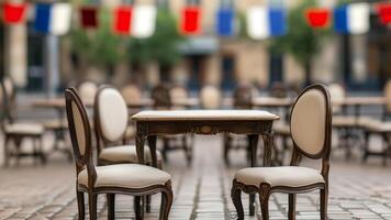 Empty cafe tables and chairs outdoors photo