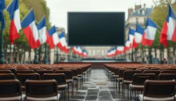 Empty chairs and screen, French flags. photo