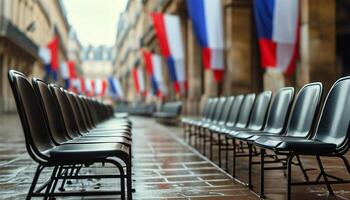 Empty chairs in a Parisian street, French flags in background photo