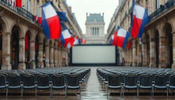 Empty chairs facing a large screen in a Parisian square. photo