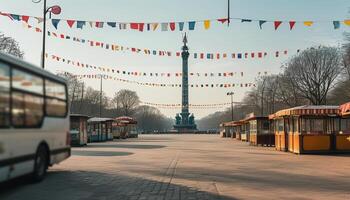 Empty city square with festive flags and kiosks photo