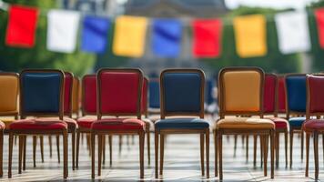 Empty chairs in a row outdoors, colorful flags in background photo