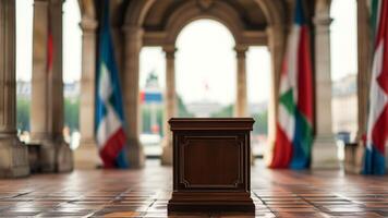 Empty pedestal in a grand hall with flags photo