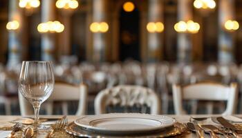 Empty plate and wine glass at a formal dinner event. photo