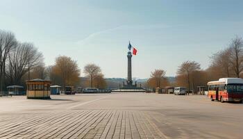 Empty square with French flag and monument photo