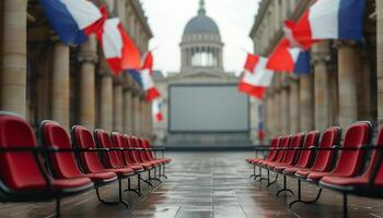 Empty red chairs facing a large screen in a Parisian square. photo