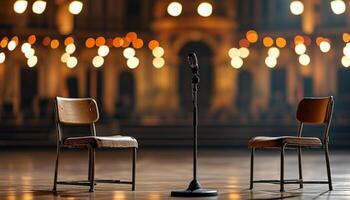 Empty stage with microphone and chairs photo