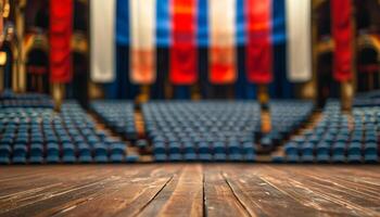 Empty stage with wooden floor and blurred audience seating. photo