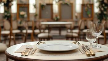 Empty plate, cutlery, and glasses on a table in a restaurant. photo