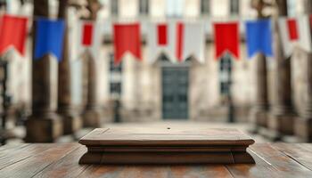 Empty wooden pedestal in a festive outdoor setting photo