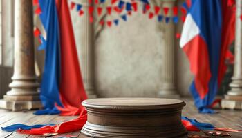 Empty wooden pedestal with French flag backdrop photo