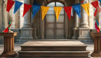 Empty wooden stage with festive flags photo