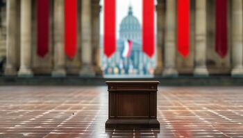 Empty wooden podium in grand hall photo