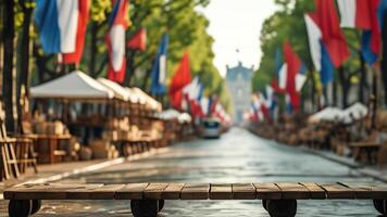 Empty wooden surface with blurred festive street background photo
